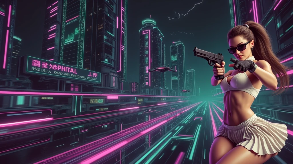 Matrix inspired futuristic cityscapes with colorful all-glass outlined towering skyscrapers with lightning, flying vehicle. High-resolution OLED GUI interfaces in the building, The windows are filled with transparent data visualization infographics that show it all, close-up green glowing cascading code. Colors are saturated and vibrant. At night, (1girl, solo, alone), photorealistic, large-breast slim:0.6 body, oval:0.5 face, cleavage:1.1, very low angle view of pleated miniskirt, deep-v, (upskirt), glove, (Matrix style black micro sunglasses), (aiming viewer with a short gun), dynamic running pose, ((half-body thigh level close-up shot)), cinematic lighting, ray tracing, motion blur background.