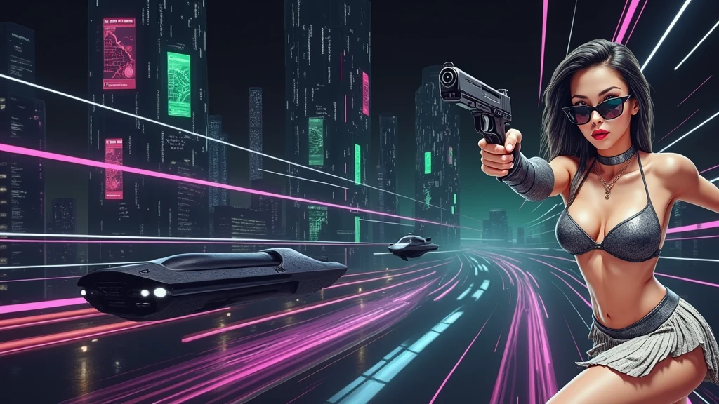 Matrix inspired futuristic cityscapes with colorful all-glass outlined towering skyscrapers with lightning, flying vehicle. High-resolution OLED GUI interfaces in the building, The windows are filled with transparent data visualization infographics that show it all, close-up green glowing cascading code. Colors are saturated and vibrant. At night, (1girl, solo, alone), photorealistic, large-breast slim:0.6 body, oval:0.5 face, cleavage:1.1, very low angle view of pleated miniskirt, deep-v, (upskirt), glove, (Matrix style black micro sunglasses), (aiming viewer with a short gun), dynamic running pose, ((half-body thigh level close-up shot)), cinematic lighting, ray tracing, motion blur background.