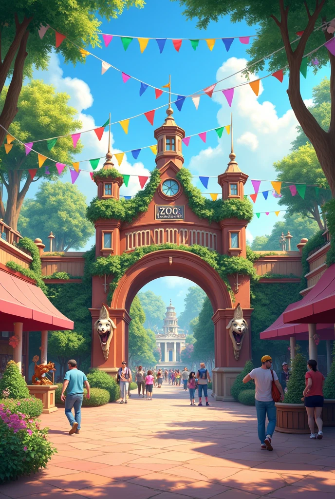 panoramic view of the zoo’s grand entrance, bursting with bright banners and lively animal-themed decorations.