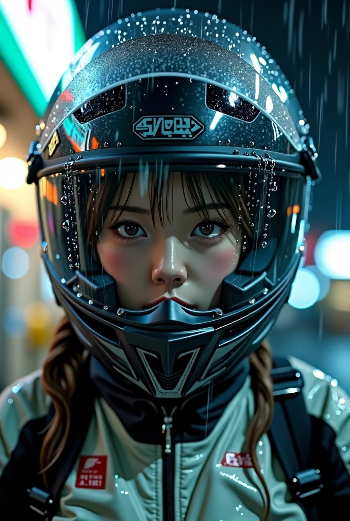 very beautiful Japanese high school girl, about to Ride on a off-road motorcycle, at convenience store at night, dramatic scene, masterpiece, (upper body:1.3), clear helmet visor, visor down, raining, water on visor, beautiful eyes, Shoei helmet, (wearing off-road rider's outfits)