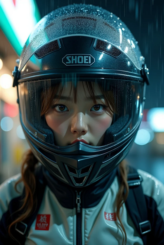 very beautiful Japanese high school girl, about to Ride on a off-road motorcycle, at convenience store at night, dramatic scene, masterpiece, (upper body:1.3), clear helmet visor, visor down, raining, water on visor, beautiful eyes, Shoei helmet, (wearing off-road rider's outfits)