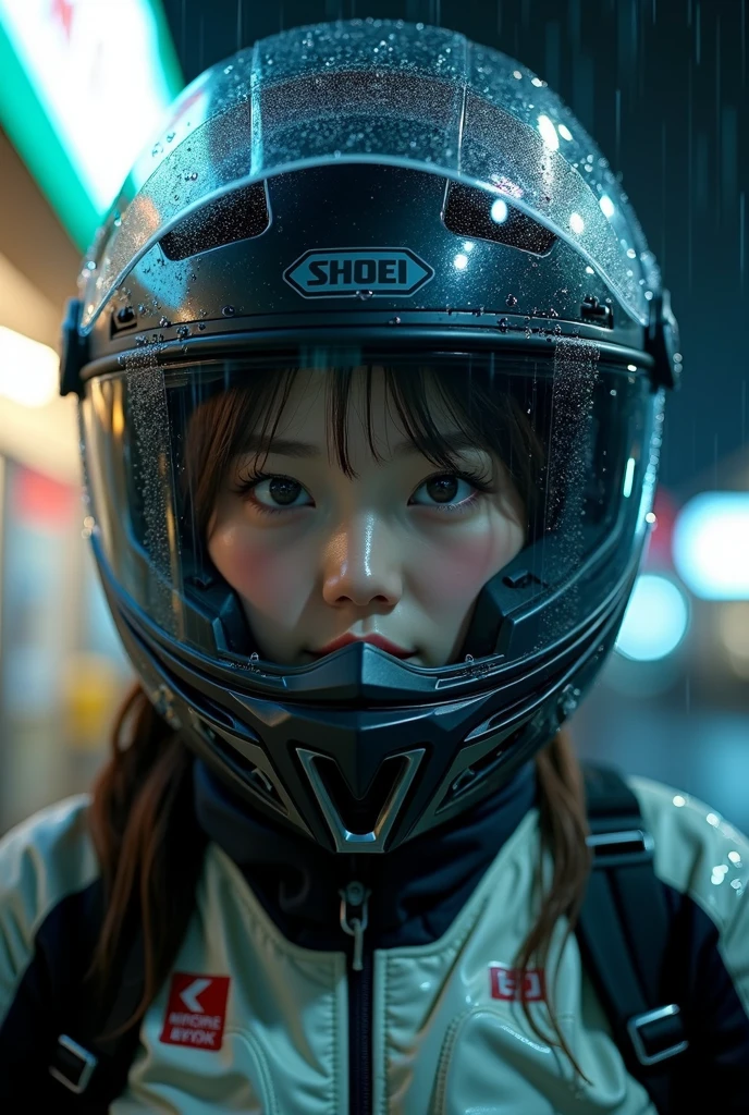 very beautiful Japanese high school girl, about to Ride on a off-road motorcycle, at convenience store at night, dramatic scene, masterpiece, (upper body:1.3), clear helmet visor, visor down, raining, water on visor, beautiful eyes, Shoei helmet, (wearing off-road rider's outfits)