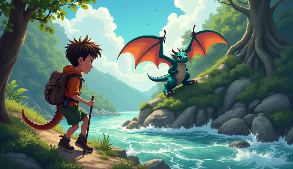 Sammy and the dragon facing various challenges: crossing a river, climbing a hill, and navigating a dark forest.
