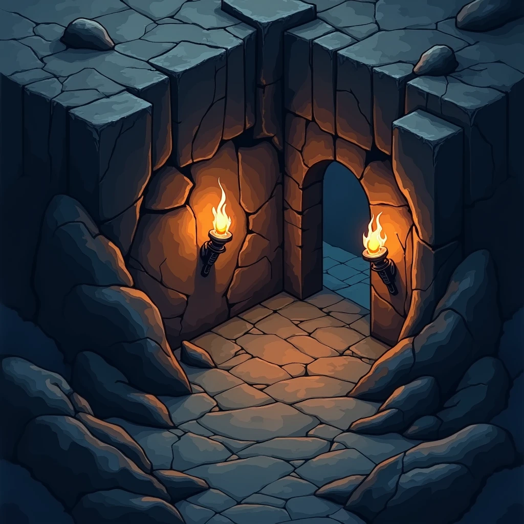 isometric digital icon for an app of an underground corridor excavated in a mountain with torches on the walls, dark grim tone, drawn on paper