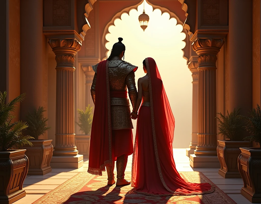 The rajput warrior and his new wife come in her new house , planetary entry , the rajput kingdom , the rajput warrior and female rajput warrior , he was standing in the room , in the room , room , two warrior and one girl , one girl