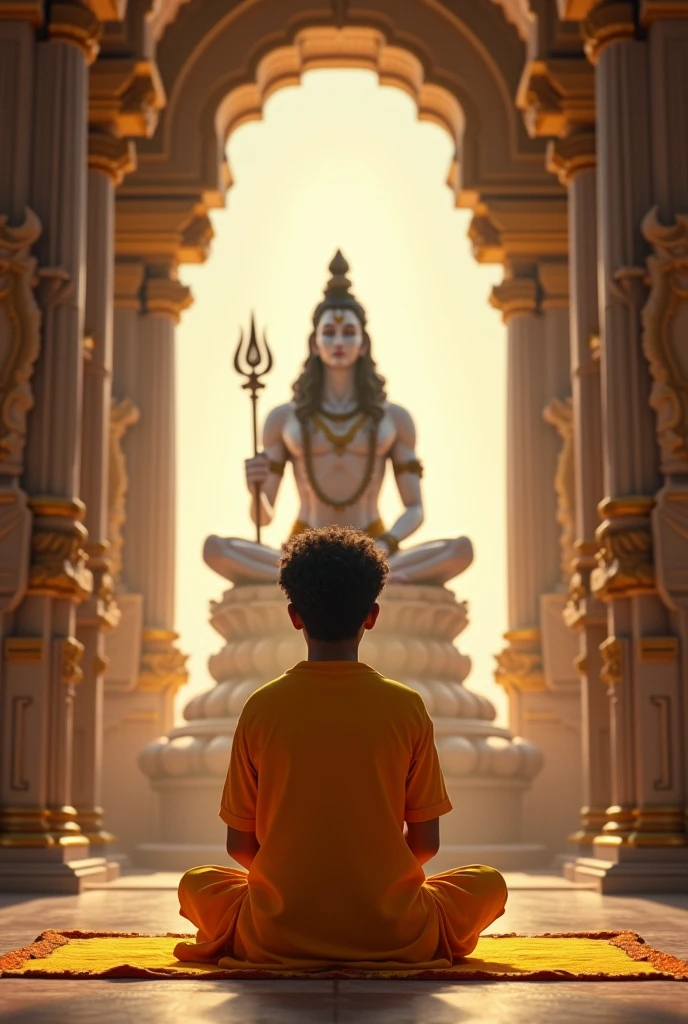 Please create A ager Man sitting front lord shiva in temple in yellow clothes