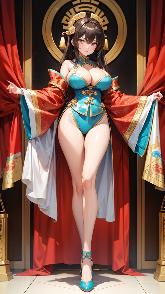 Brunette beauty with huge breasts,Cyan Chinese imperial concubine costume,cleavage,slim figure,Bare Legs,embroidered shoes,Standing,Chinese Palace,bangs between eyes, hairpin,