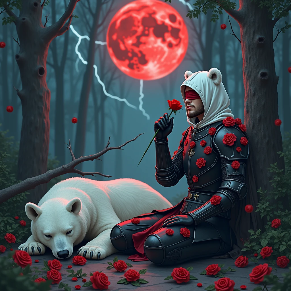 Male knight with a white hood with bear ears with sword behind his back sits on the ground towards a polar bear in a forest while the moon shines, many Roses cover the ground and lightning falls from the sky. The polar bear sleeps in front of the knight. Only the man wears a red blindfold. In the background of the picture is the blood moon and a tree has fallen down in the path. The forest is full of trees with leaves. The armor of the man is black and red roses decorate it. The knight smells on a rose.
