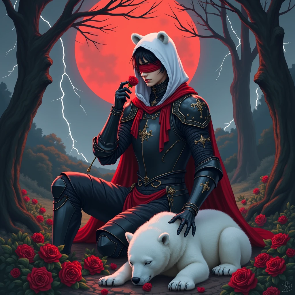 Male knight with a white hood with bear ears with sword behind his back sits on the ground towards a polar bear in a forest while the moon shines, many Roses cover the ground and lightning falls from the sky. The polar bear sleeps in front of the knight. Only the man wears a red blindfold. In the background of the picture is the blood moon and a tree has fallen down in the path. The forest is full of trees with leaves. The armor of the man is black and red roses decorate it. The knight smells on a rose.