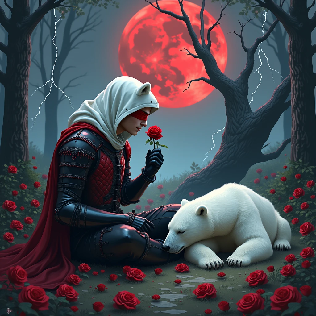 Male knight with a white hood with bear ears with sword behind his back sits on the ground towards a polar bear in a forest while the moon shines, many Roses cover the ground and lightning falls from the sky. The polar bear sleeps in front of the knight. Only the man wears a red blindfold. In the background of the picture is the blood moon and a tree has fallen down in the path. The forest is full of trees with leaves. The armor of the man is black and red roses decorate it. The knight smells on a rose.