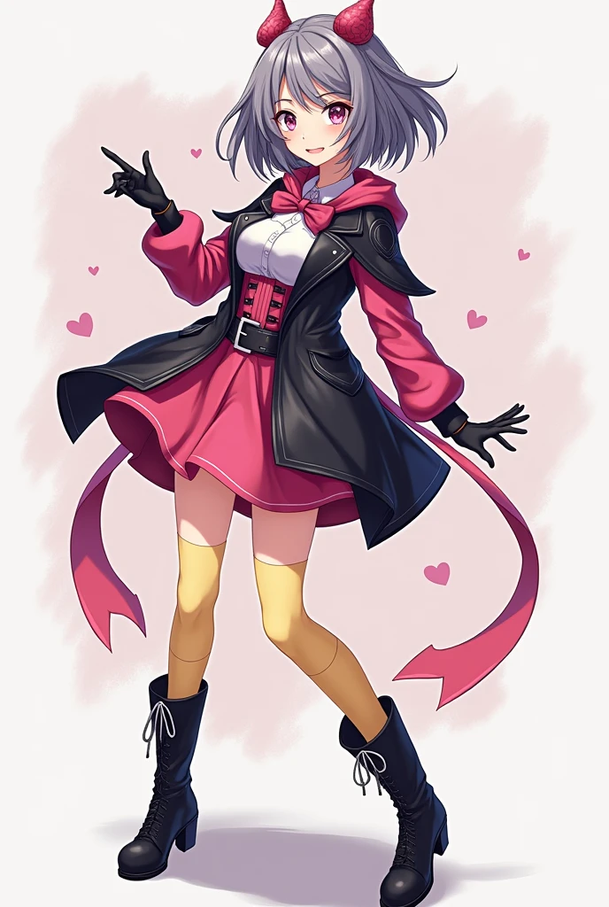 "Draw an anime-style female character with shoulder-length smoky gray hair. She is wearing a pink and black magic-style leather jacket, a knee-length pink and black magic-style skirt, yellow high socks, and tall black boots. She has one black glove on one hand. The character is striking a cool pose, with one hand on her hip and the other pointing straight ahead, with a mischievous smile on her face."