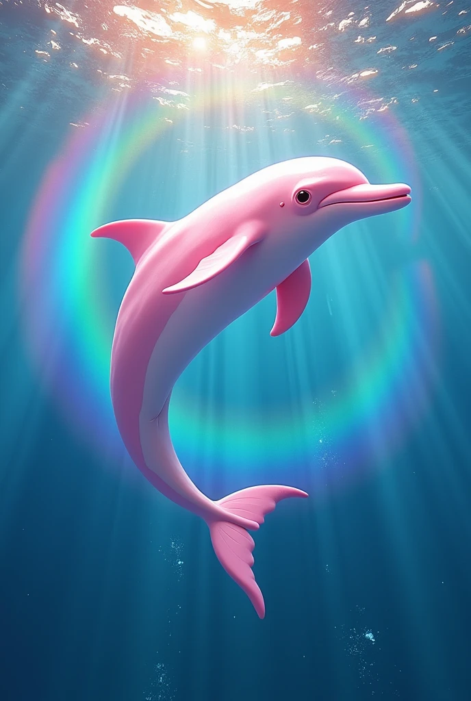 Create a pink dolphin in the sea with a rainbow and many colors
