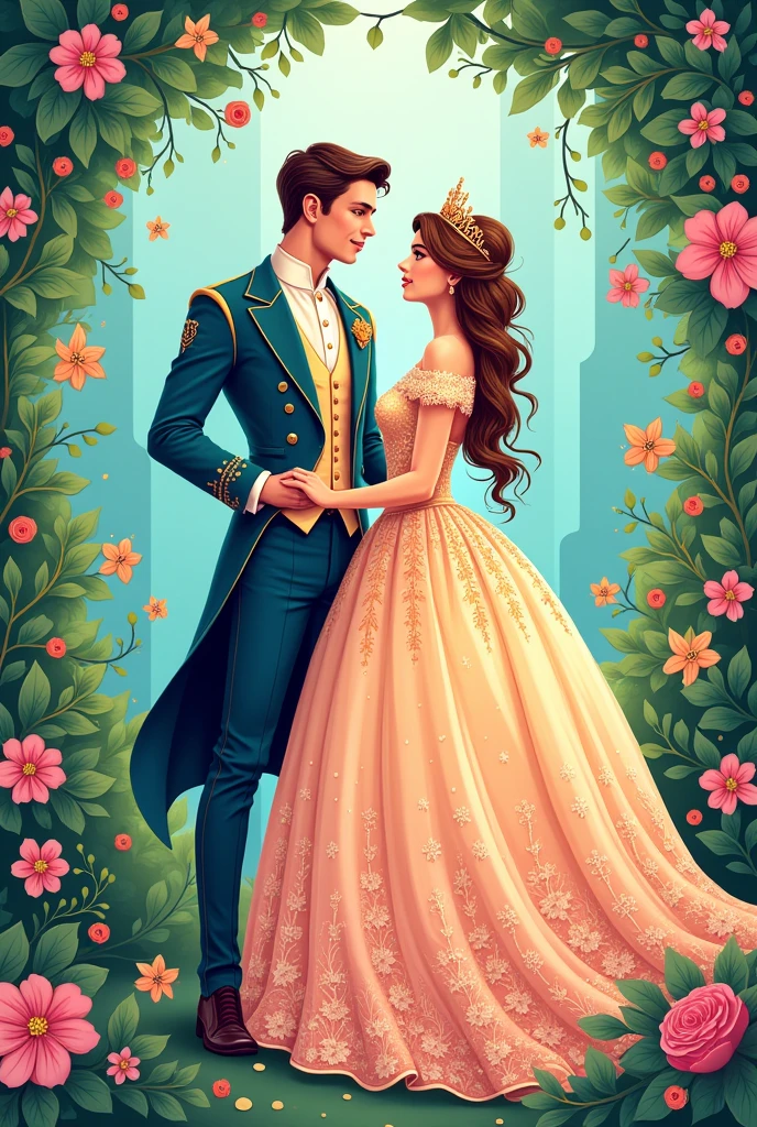 High detail vector drawing of a princess and prince wedding showing their full bodies in the picture. Colorful line art drawing. Vector drawing.