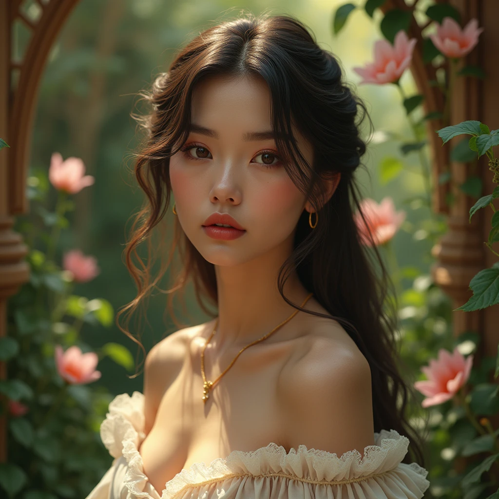 a beautiful woman with a delicate jawline, intricate facial features, detailed eyes and lips, flowing hair, elegant dress, serene expression, in a lush garden setting, (best quality, 4k, 8k, highres, masterpiece:1.2), ultra-detailed, (realistic, photorealistic, photo-realistic:1.37), digital painting, cinematic lighting, warm color palette, soft focus, delicate petals, ornate architecture, (female portrait:1.2)