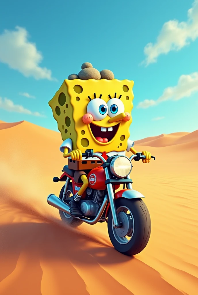 Imagine the cartoon SpongeBob in the Sahara desert in Algeria And he gets on a motorbike he makes a sun with the motorbike and removes the pimples on his head