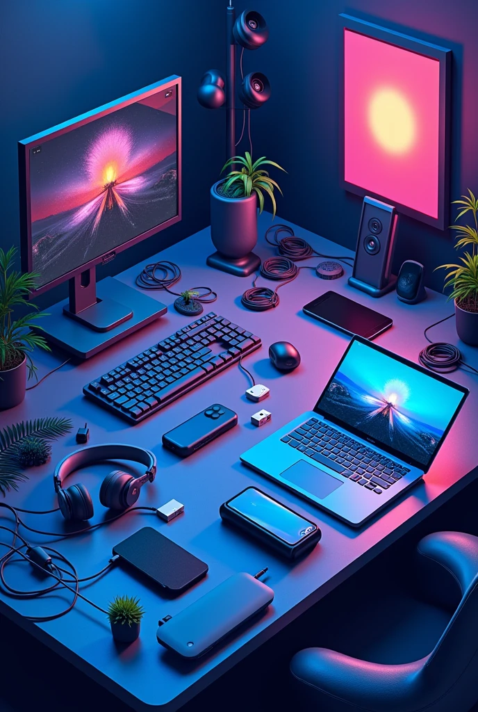 brightly colored image that has phone accessories, such as chargers, USB cables, headphones, keyboards, mice, speakers, phone cases, laptop cooling trays, dark blue in tone and that everything is related to Android and that is not so realistic, the stockings are 2.10 wide * 24 cm high
