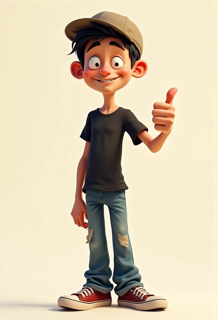 pixar drawing thin man with cap on head, blackquality hair, black t-shirt and jeans and sneakers giving a thumbs up