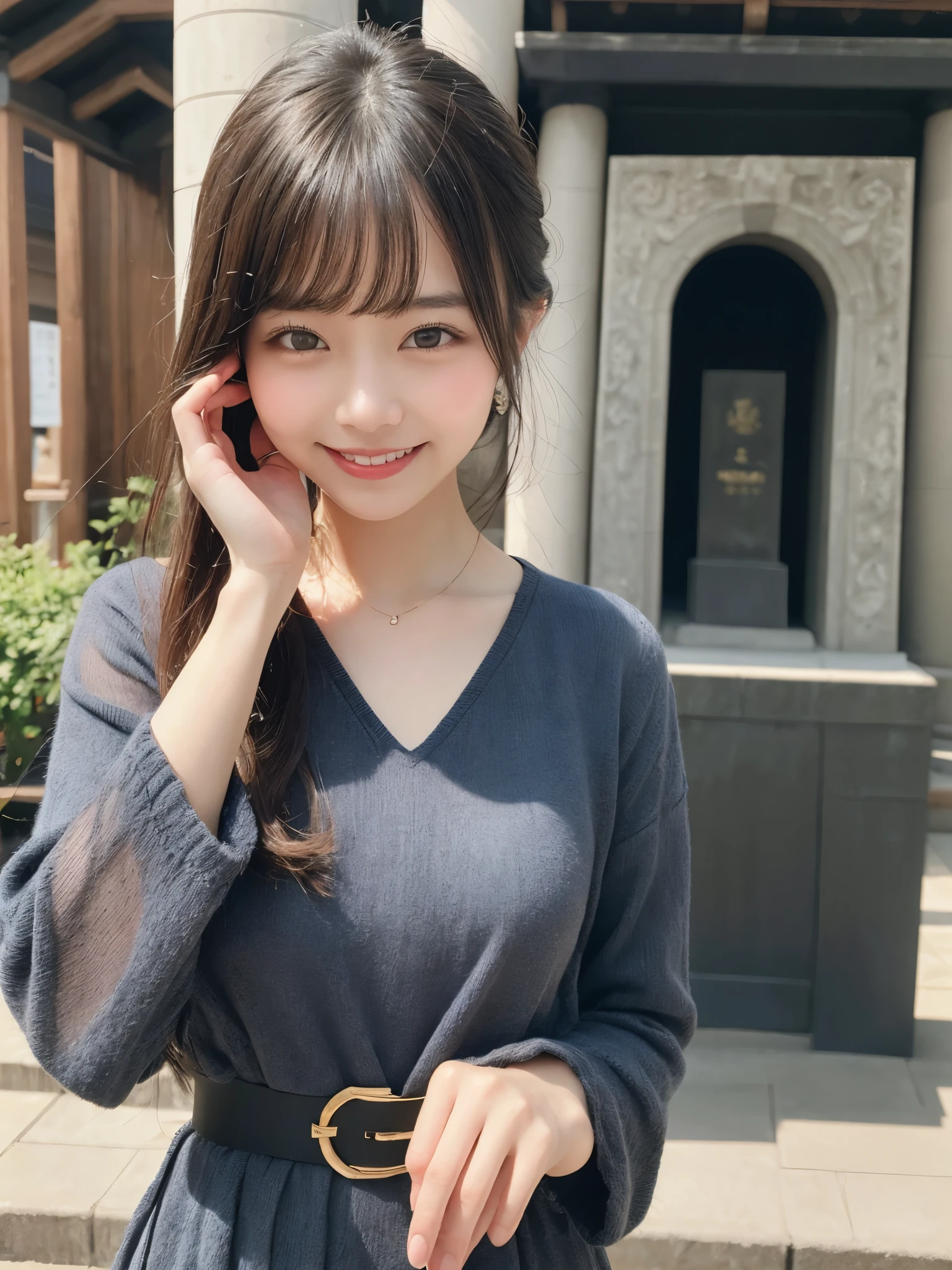 1girl, solo, highres, best_quality, masterpiece, detailed_background, intricate_details, beautiful, sendai, zuihoden_mausoleum, historical, casual_fashionable_clothes, smile, looking_at_viewer, dynamic_pose, natural_pose, candid, happy