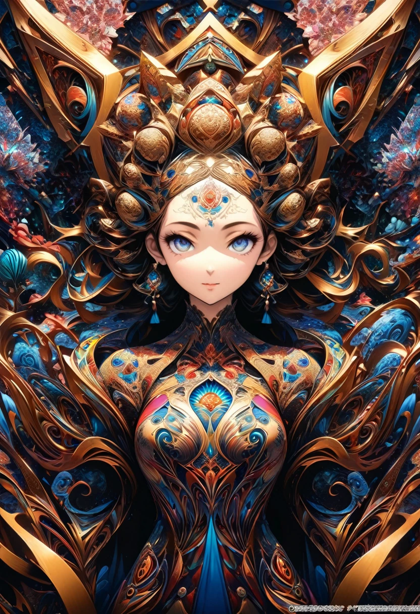 Ink painting, (((1 girl )), (((Tattoo in the middle of the forehead))), (((Oiran))), (((Great hair accessories))), Demon possession, , (((Masterpiece、Top quality للصورة、Highest quality、وحدة Very detailed 8kWall paper))), ((And covered with jewelry, an illustration of a single girl、All body covered))、(((beautiful girl))), (Masterpiece, Top quality, Best quality, Official art, Beautiful and aesthetic:1.2), A girl stood alone in front of an amazing work of art., Her eyes are wide with admiration., (Very detailed), Face up close, (Fractal art:1.3), All body covered بدقة, The intricate patterns and colors of the Fractal artwork surrounded her, Every line and curve is carefully designed..Colorful spirals and geometric shapes blend seamlessly., Resulting in the creation of a stunning piece that captured the essence of abstract beauty.. (Top detailed), Every little detail is meticulously drawn., She invited viewers to explore the depths of art and lose themselves in its complexities..