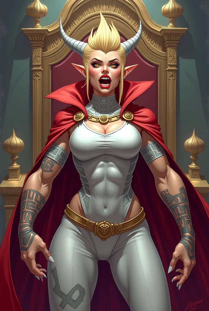 A super muscular blonde elf with a punk undercut haircut and long ears and extremely muscular, a warrior with huge muscles, white clothes she wears an imperial uniform showing her strength of the white color, dragon pupil flaming eyes, undercut haircut on the shaved part of the hair with a dragon design, crown of horns: She has horns that come out from behind her skull and go forward like a crown.. has shark teeth, She wears a giant red cape with a high collar and is very flashy., His muscular arms show prominent veins, highlighting his physical strength., Maori tattoos up to the forearm, has claws instead of nails, is laughing with his mouth open in a villainous pose. Extremely muscular woman. voluptuous. Pink Lipstick Art Drawing Cartoon 2D. Size 1920x1080 in the background of the image your throne inside the castle