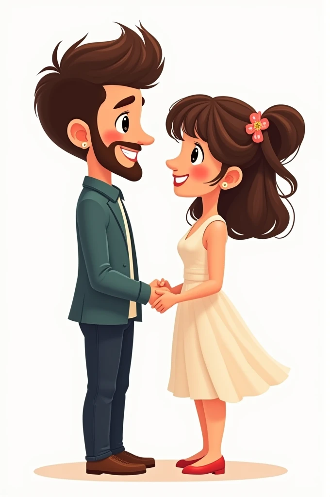 Imagine a cartoon-style engaged couple, the groom has short curly hair and a beard, the bride in fringe hair on the forehead, the image has an all white background