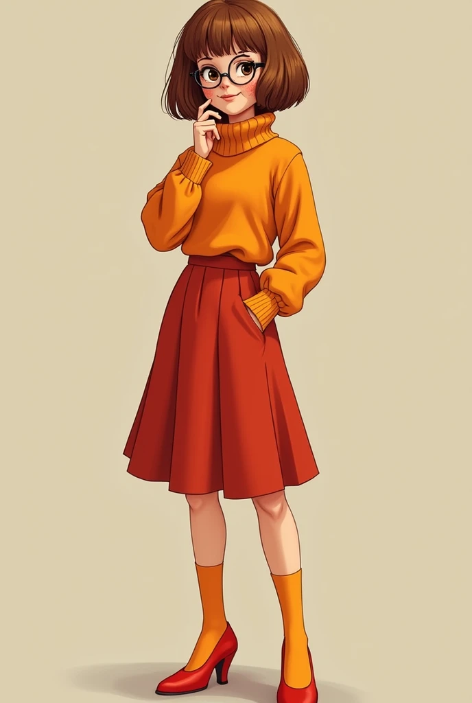 Velma dinkley, short brown hair, glasses, freckle, orange turtleneck sweater, red skirt, orange socks, red heels 