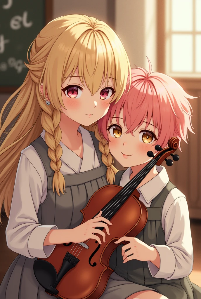 frères et sœurs. Une belle jeune fille japonaise aux cheveux blonds et aux tresses ondulées. yeux en amande rose. Peau douce. Debout à côté d'un garçon. Son frère. Un garçon aux cheveux roses courts et en bataille. Des yeux d'amande jaune d'or. Peau douce. beaux visages. S'asseoir. Des étudiants. Adultes. Le garçon est un peu plus grand. La fille tient un violon.