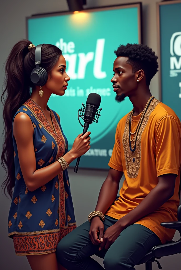 Une journaliste femme, Haïtienne, , interviewe un jeune homme, la jeune Haïtienne Toye Art qui s'occupe aussi de 'ARL'. , dans un studio de radio, avec le nom de la station de radio, toutes deux vêtus de vêtements traditionnels Haïtienne pad trop en evidence afin de visualiser la radio. Pas de familiarité