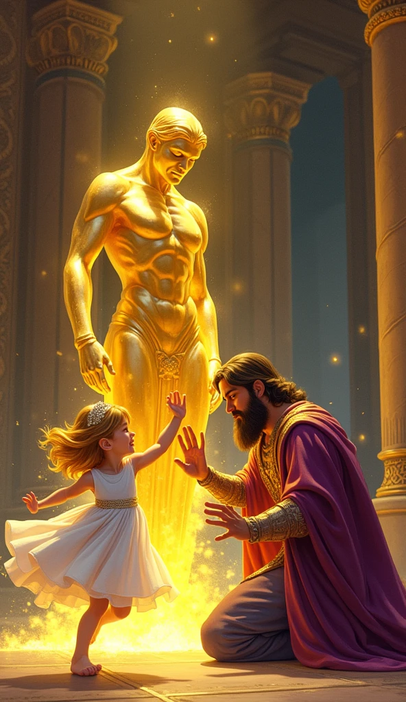 Setting: The palace hall, where Midas’ young daughter is running towards him.

Visuals: Midas’ young daughter, about  with golden hair and wearing a white dress, runs joyfully towards her father, her face lit with a smile. She reaches out to hug him, but as soon as she touches him, she turns into a golden statue. Midas’ face turns from shock to absolute heartbreak as he stares at the lifeless golden statue of his daughter. He falls to his knees, tears streaming down his face, clutching the statue’s hand. The once proud king is now overwhelmed with sorrow and regret.

King Midas, a middle-aged man with a long, flowing black beard and sharp, intelligent eyes, is dressed in royal robes of deep purple and gold, decorated with jewels.


Show as cartoons 