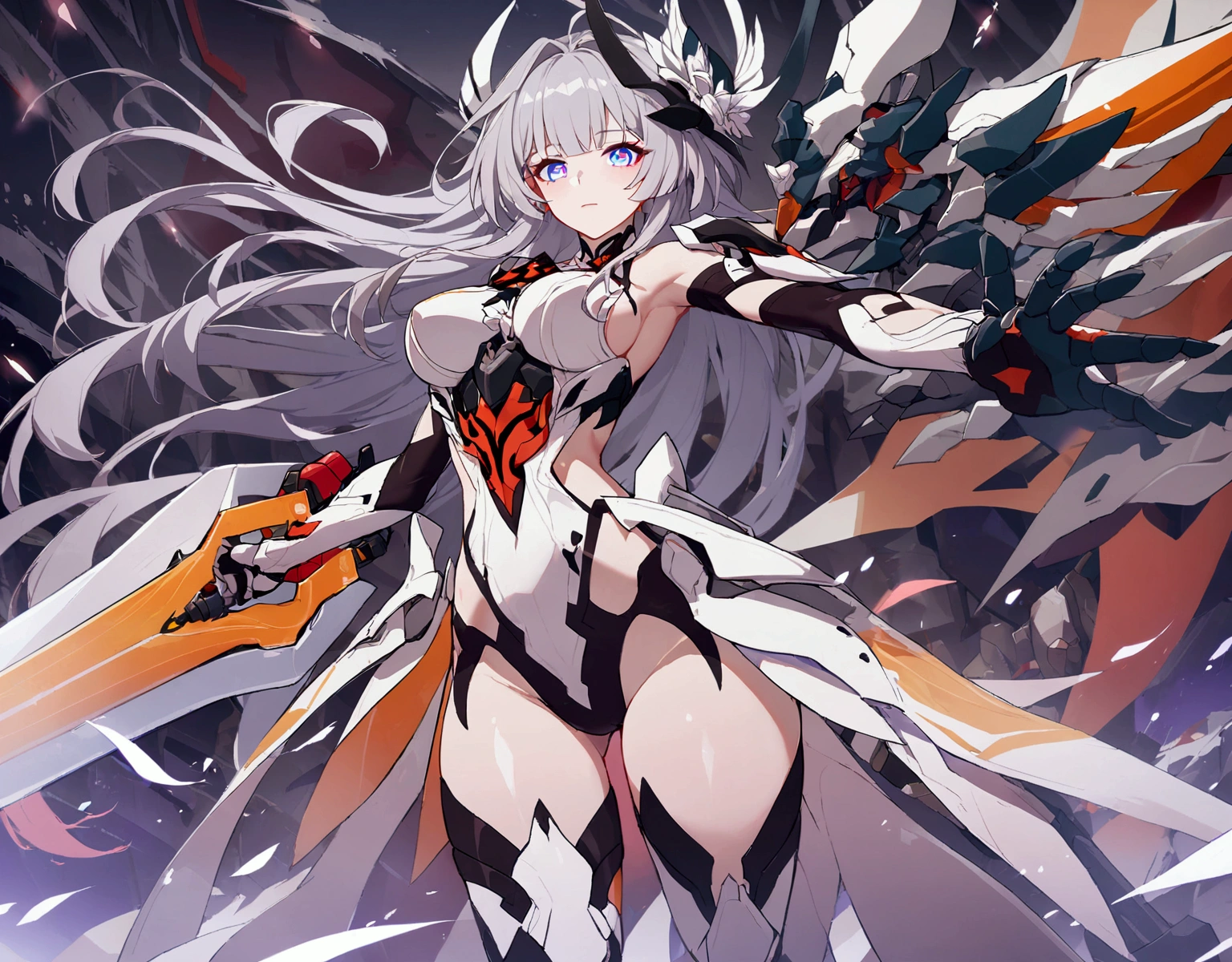1 girl,mature girl,Raiden Mei,Herrchel of Thunder,Honkai Impact,dark purple hair,shiny hair,beautiful long hair,beautiful eyes, high quality,beautiful,mecha,valkyrie,hyper,masterpiece,mecha armor,perfect body, nice body, curvy,armor,hyper quality,high quality, perfect,high detailed eyes,high detailed face,valkyrie suit,machine,wings,sword,thunder,looking at viewer