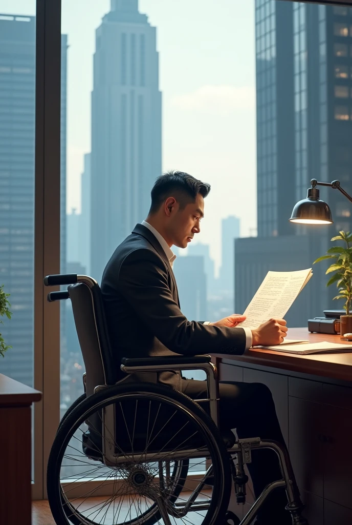  Amidst the towering skyscrapers of the city center，In a luxurious CEO's office。Gu Luochen sits in a wheelchair，He is diligently reviewing documents at his desk。He looked focused，His brow reveals a touch of coldness and decisiveness。In the background, the city skyline can be seen through the floor-to-ceiling windows，Exuding an air of sophistication and modernity。