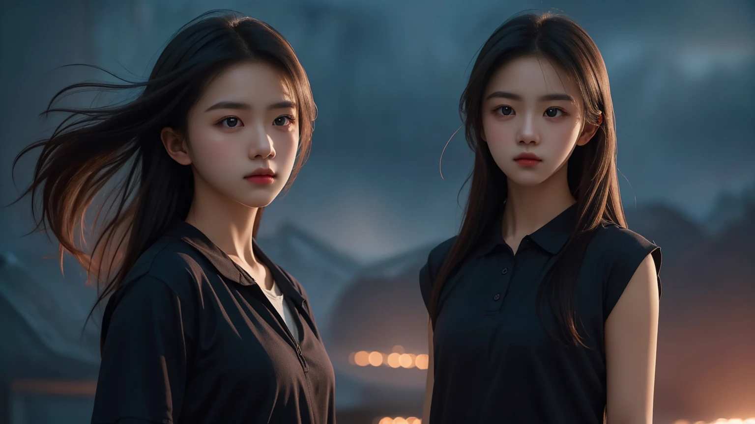 An 8k masterpiece, the highest resolution, every detail, meticulous detail, depth of field, bright colors, beautiful composition: an 1 adolescent girl with black hair and beautiful innocent eyes in stunning detail, standing on a dark and ominous background.
