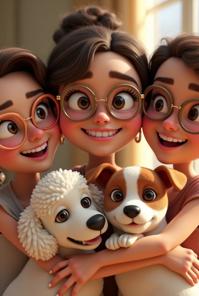 A 3 woman with big glasses, tender, smiling, pearl hoops, somewhat unstructured, brown hair up, with a part in the middle, jugando y abrazando a sus perros un caniche blanco tierno y un perro Jack Russell con mancha en el ojo marron tierno y smiling personaje de animación, stylized characters, animation style rendering, 3D stylized, Arnold Maya rendering, Render 3D stylized, Toon render keyshot, 3D character, 3D character, Stylized 3D rendering, 3d character rendering, cartoon character, Close-up character, Character pose, (pixar style) (master part:1.2) (bokeh) (Best Quality) (detailed skin) (detailed texture) (8k) ( clay) (cinematic lighting) (sharp focus
