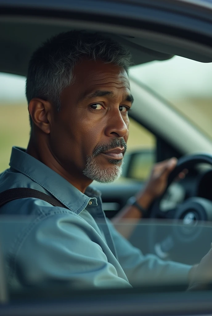 brown man with gray hair and no beard inside the car with a seat belt 