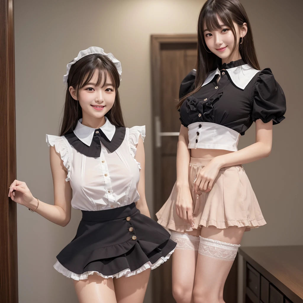 (high quality)、(High resolution)、2 people、Look at me with a smile、whole body、(Big Breasts:1.0)、Thin and beautiful legs、(Soft thighs)、(A tight sleeveless shirt with buttons, frills and a collar:1.0)、(A short skirt with frills so short that you can almost see her panties:1.2)、(Erect nipples:1.2)