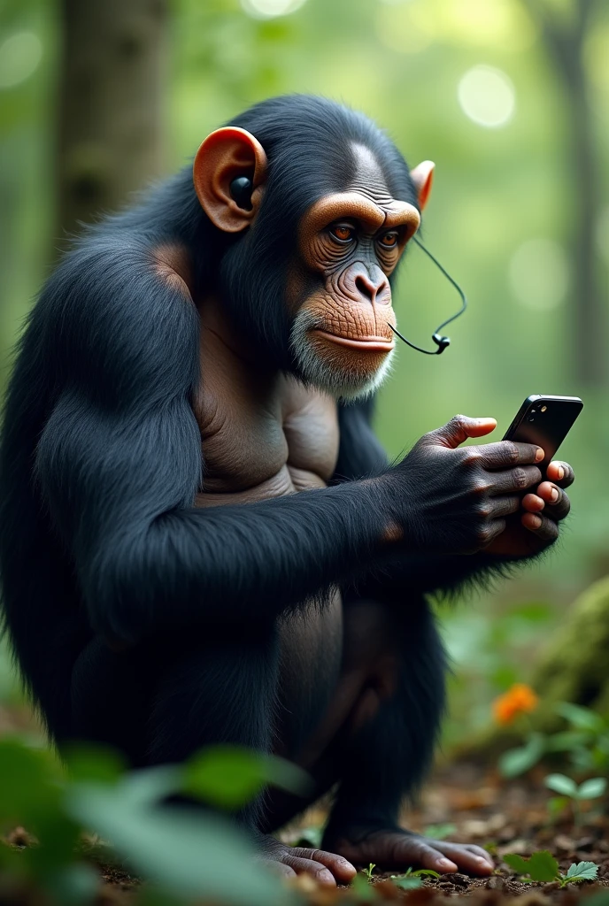 Adult chimpanzee monkey using cell phone with earphones