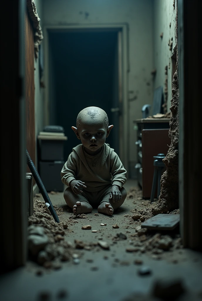 A miniature, detailed and hyper-realistic scene, a very detailed child miniature scene, a disturbing atmosphere, dramatic lighting, a moody and eerie color palette, dark dimly lit abandoned house, horror elements, a cinematic composition, a photorealistic masterpiece.