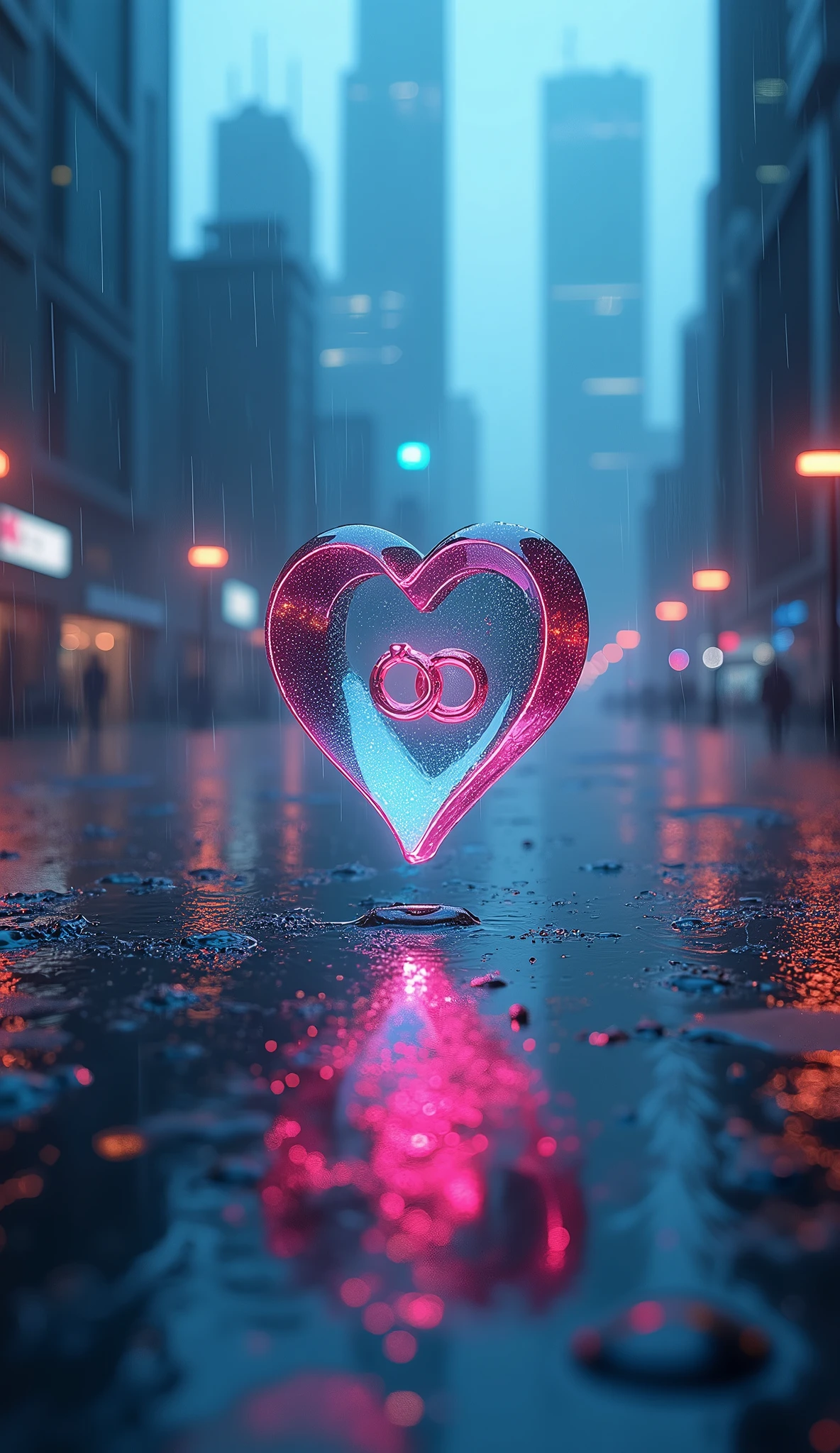 Rain landscape、City、A fantasy scene with blue and black as the main colors、3D glass open heart、Neon color、There are two engagement rings inside the glass heart、One ring is placed to the side and the other is held at an angle.、Fantasy、romantic、high resolution、Wide angle、distinct、Real、vivid、beautiful、masterpiece、panorama、extensive、Light and shadow details、The water is clear and shiny、The water faithfully reflects the scenery、Zoom out 2x、