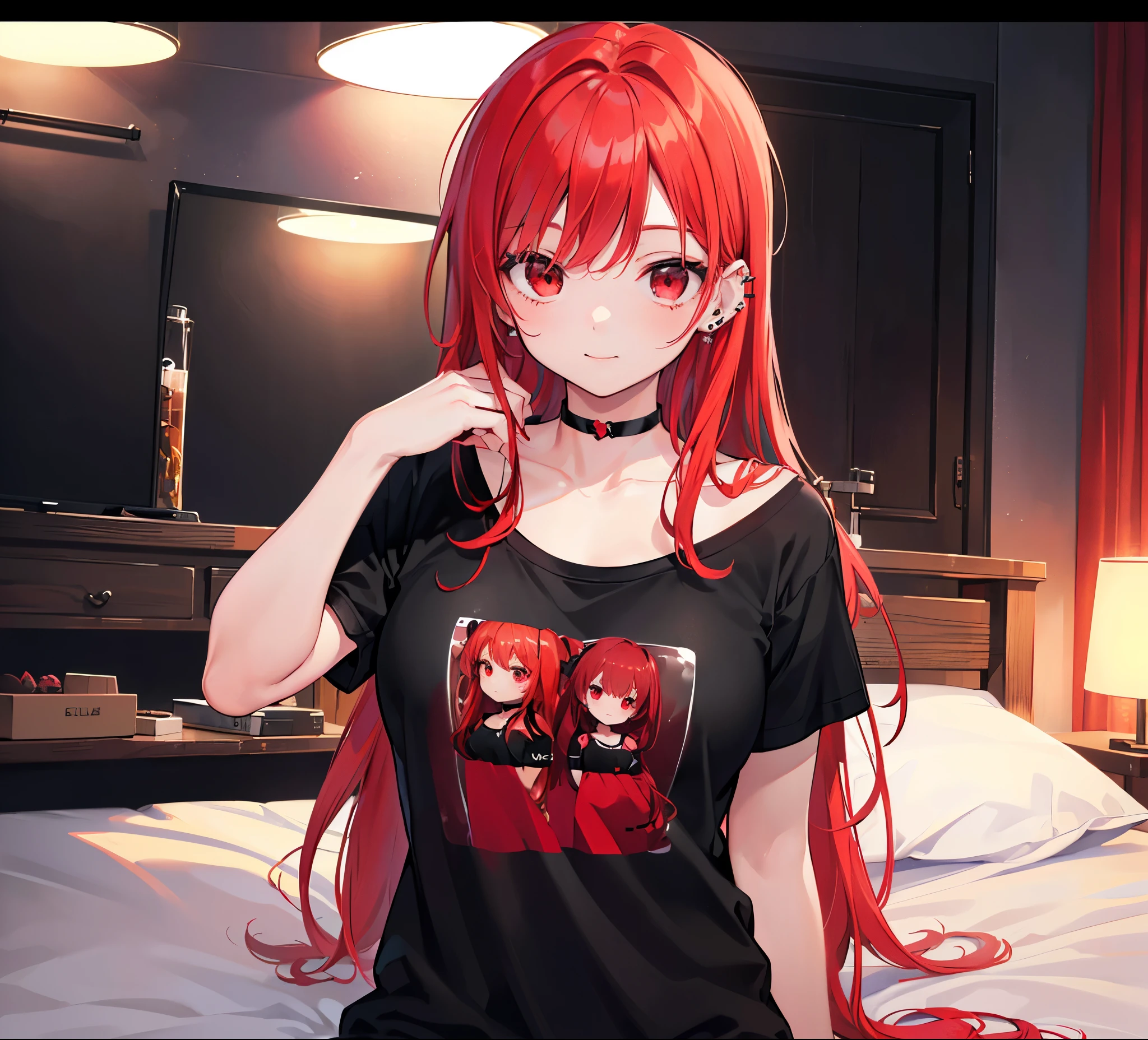 Realistic,Highest quality, Ultra Detail, High-quality CG rendering, The most delicate and beautiful, Floating softly, High resolution, (1 girl), (Highest quality,4K,8k,masterpiece:1.2),(Bright Red Hair:1.5), (Semi-long hair:1.5),(Red eyes:1.5),(Slightly larger breasts:1.2),(Black oversized short sleeve t-shirt:1.5),(Piercing in left ear:1.3),Inside the room,smile,bed,(bedに座っている:1.3),(Pitch black choker:1.5)