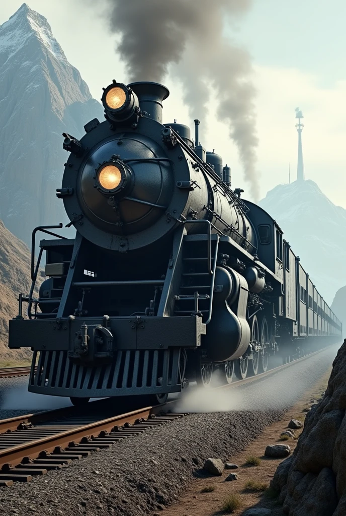 Make a picture of a monster locomotive train, gerbong panjang yang realistis dan cinematic
