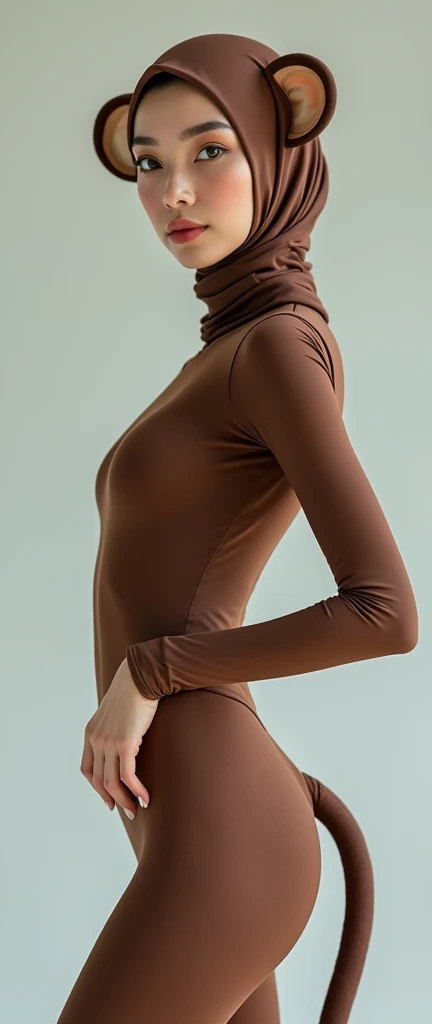 a beautiful asian muslimah woman with beautiful cheeks wears monkey lycra turtleneck unitard catsuit with tail.She always wear monkey lycra dancewear hijab with ears.