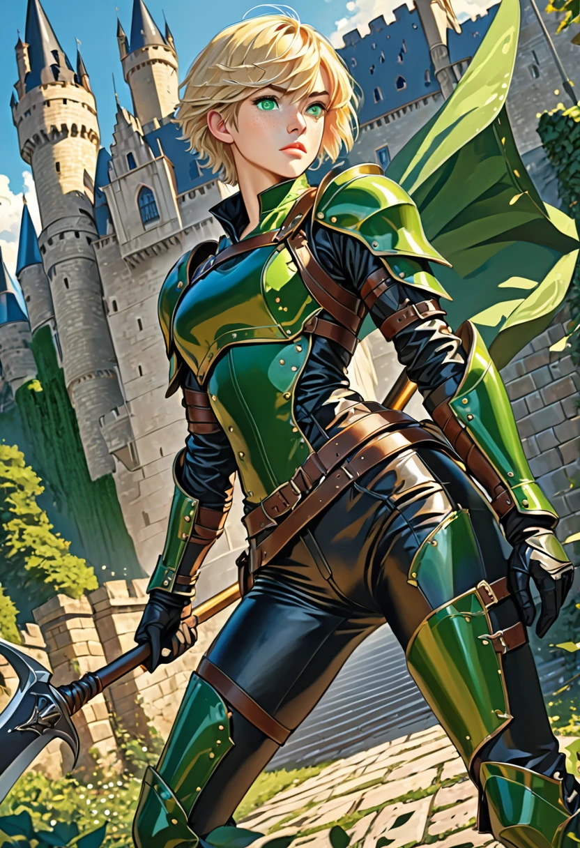 Illustration, detailed illustration, ultra detailed, best quality, dynamic angle, femboy, attractive, short blonde hair, green eyes, light freckles, leather armor, castle, carrying scythe, (male:1.3)