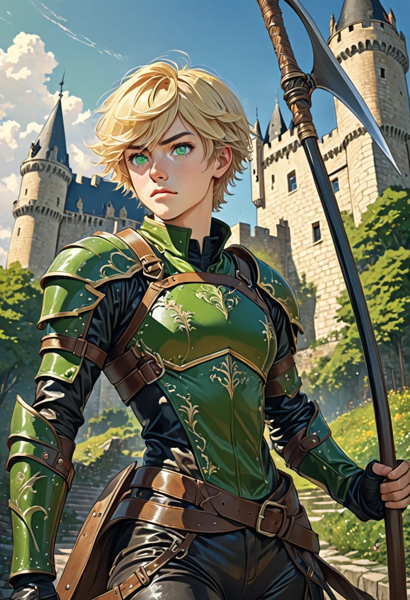 Illustration, detailed illustration, ultra detailed, best quality, dynamic angle, femboy, attractive, short blonde hair, green eyes, light freckles, leather armor, castle, carrying scythe, (male:1.3)