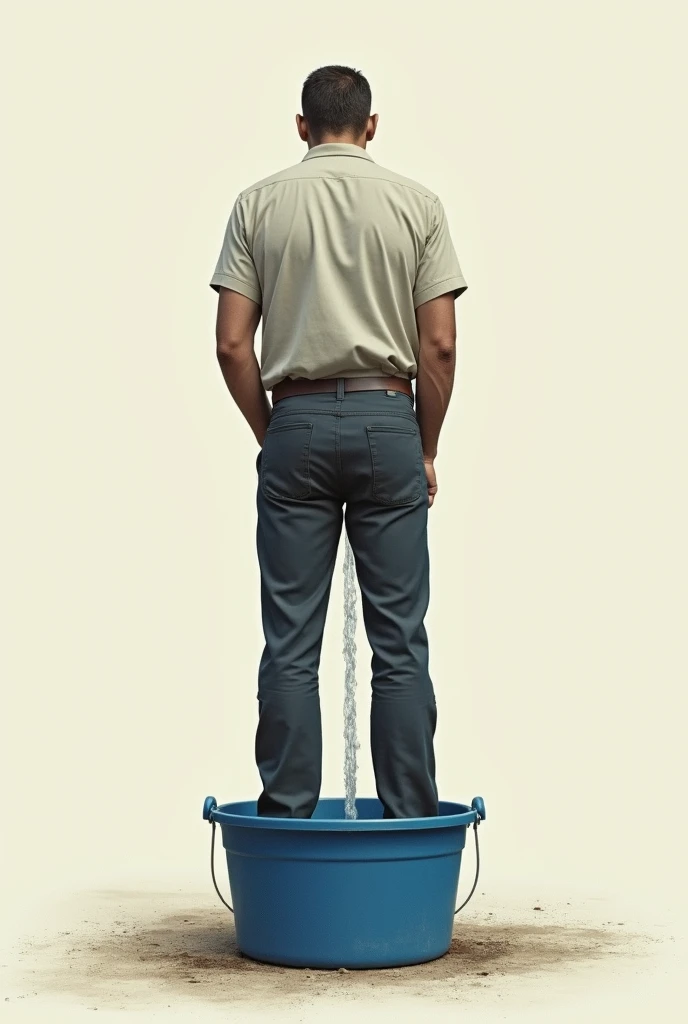 Create an image of a man seen from behind, standing, urinating into a blue bucket. The scene should show the man leaning slightly forward., with legs open to keep the bucket between them. The blue bucket should be in the center of the image, well positioned between the man's legs, with a visible stream of urine directed into the bucket. The man must be wearing simple clothes, like a shirt and pants, with enough detail to make it identifiable, but without excessive focus on facial features, since he has his back turned.