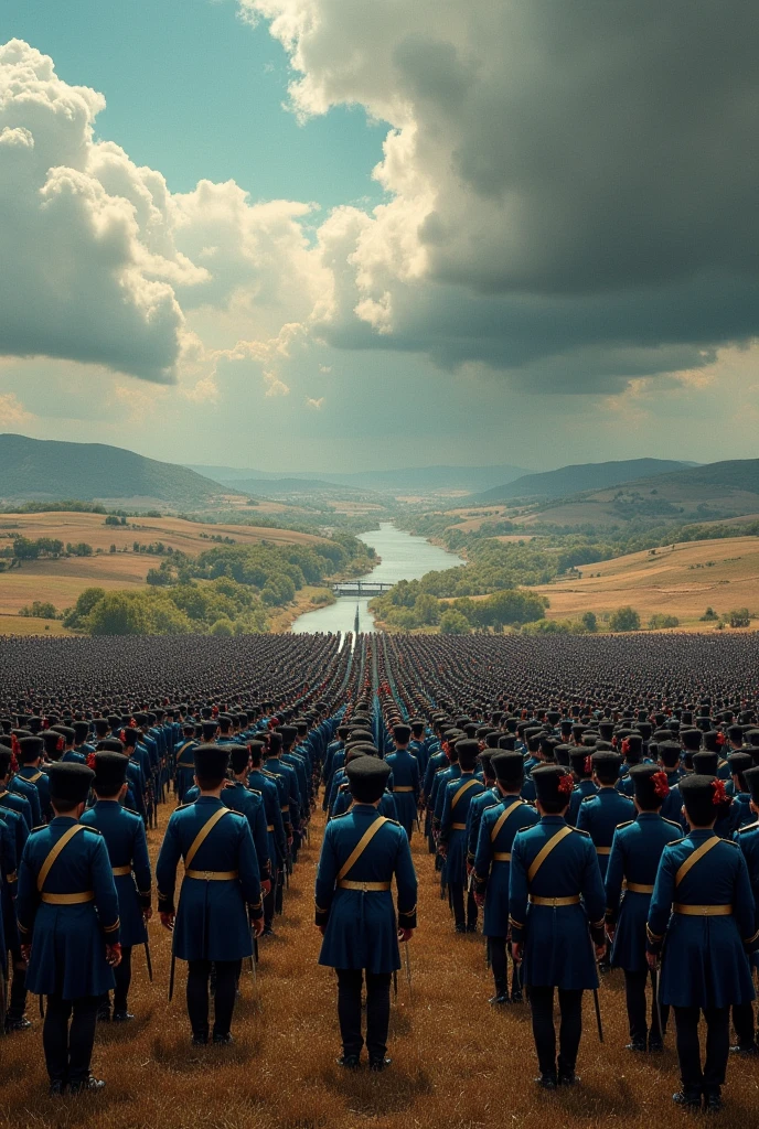 A historically accurate panoramic view of a battlefield with approximately 2 million French soldiers in Napoleonic-era uniforms, featuring blue coats and tall shakos. The soldiers are arranged in precise formations across an expansive field with rolling hills and a river in the background. The scene captures the era's authenticity under a dramatic, stormy sky, reflecting the scale and discipline of Napoleonic warfare.