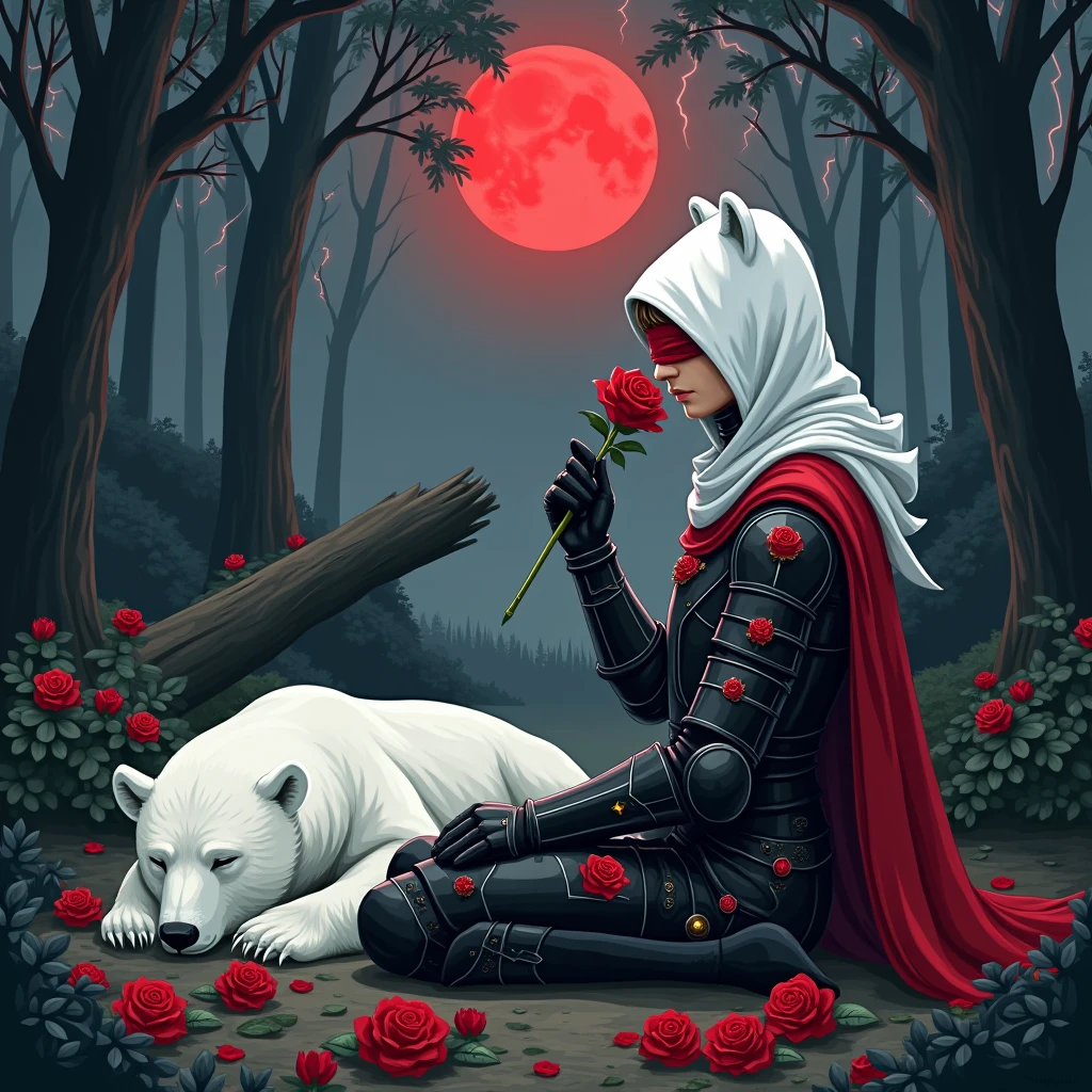 Male knight with a white hood with bear ears with sword behind his back sits on the ground towards a polar bear in a forest while the moon shines, many Roses cover the ground and lightning falls from the sky. The polar bear sleeps in front of the knight. Only the man wears a red blindfold. In the background of the picture is the blood moon and a tree has fallen down in the path. The forest is full of trees with leaves. The armor of the man is black and red roses decorate it. The knight smells on a rose.
