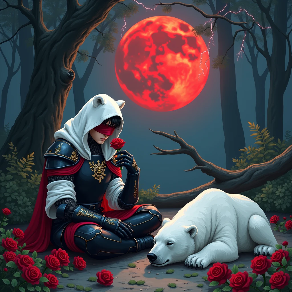 Male knight with a white hood with bear ears with sword behind his back sits on the ground towards a polar bear in a forest while the moon shines, many Roses cover the ground and lightning falls from the sky. The polar bear sleeps in front of the knight. Only the man wears a red blindfold. In the background of the picture is the blood moon and a tree has fallen down in the path. The forest is full of trees with leaves. The armor of the man is black and red roses decorate it. The knight smells on a rose.