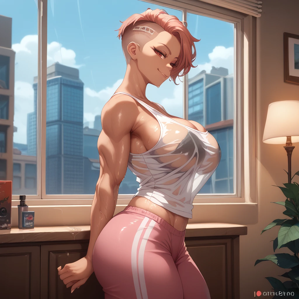 MILF, red shaved pixie hair, red eyes, side view, big breasts, thick thighs, smug face, pink sweats pants, black turtle neck tank top, standing, muscular back, brown tanned skin, bedroom without window background, long white socks, urban, bedroom, window, wet tank top