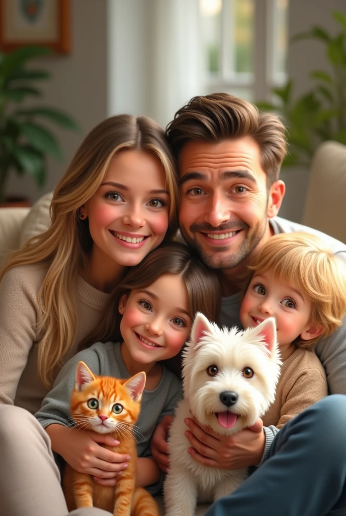 Happy family 40 year old mom blonde with brown eyes, 40 year old father with little brown hair and brown eyes, daughter with long brown hair and brown eyes, son, blond with blue eyes. With orange tabby kitten and white westie dog