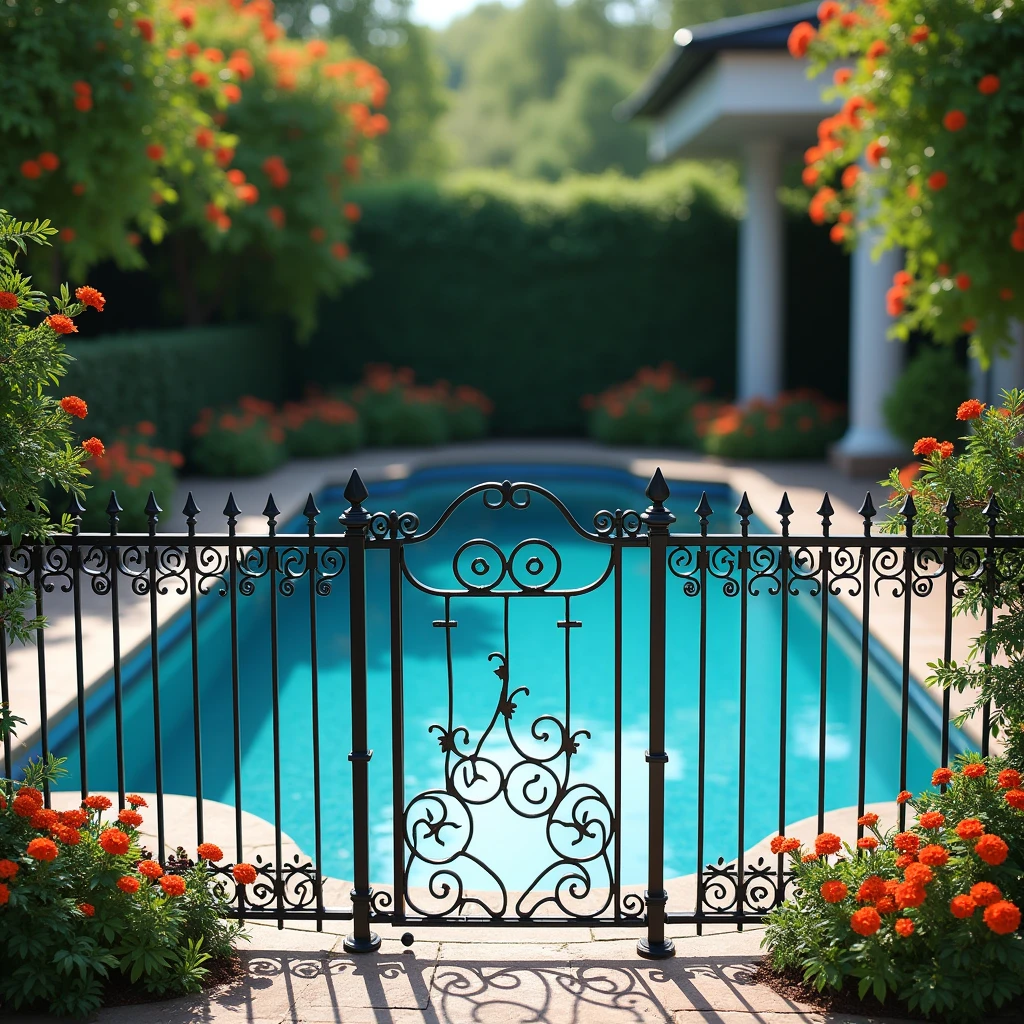 wrought iron fence around a pool, high resolution, 32k, real, 